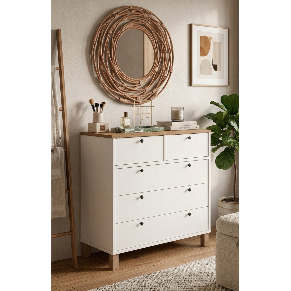 Yurudesign Nord Şifonyer 5 Çekmece Ahşap Ayaklı Sepet-Beyaz ND3-SW - Görsel 8