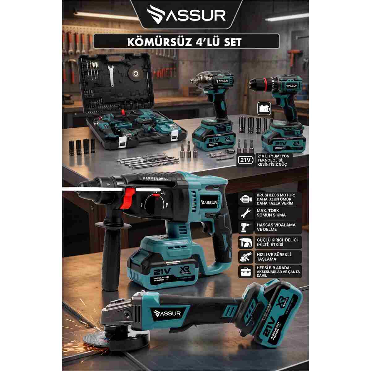 ASSUR PLUS 21V Darbeli Kömürsüz Kırıcı Delici Hilti & Taşlama & Matkap & Somun Sıkma Sökme 4'lü Set - Görsel 4