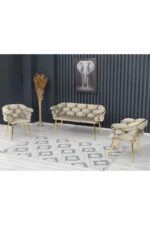 Rozexi Balon Çay Seti Takımı Koltuk Takımı Oturma Odası Kafe Antre Hol Ofis 2+1+1 Gold Metal - Görsel 7