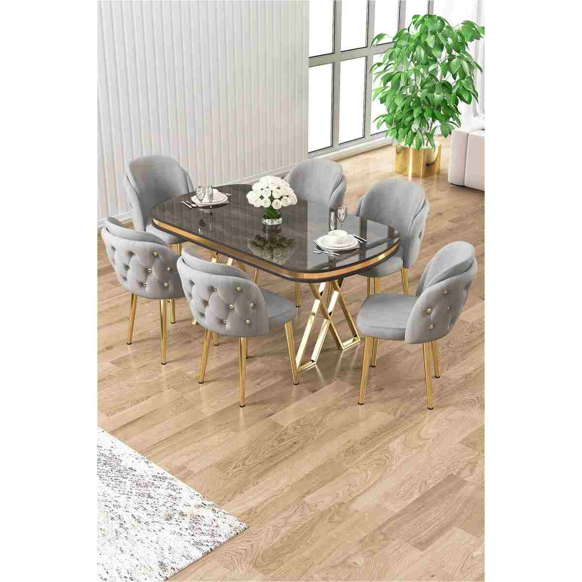 Canisa Zae Serisi 90x168 Lak Panel Antrasit Ironi Gold Ayak Masa Takımı 6 Siyah Sandalye - Görsel 5
