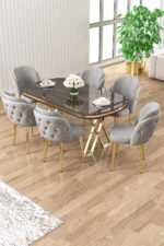 Canisa Zae Serisi 90x168 Lak Panel Antrasit Ironi Gold Ayak Masa Takımı 6 Siyah Sandalye - Görsel 5