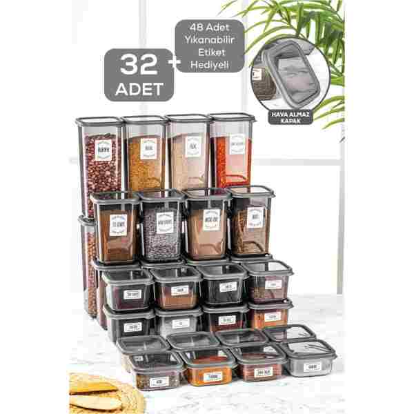 Meleni Home 32'li Etiketli Kapaklı Kare Erzak Saklama Kabı Seti 8x(0,3 LT-0,5 LT-1,1 LT-1,7 LT) Baharatlık