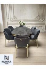 NUNKA HOME Arya Gold Line Serisi Krem Renk +6 Sandalyeli Mdf Lak Panel İroni Masa Takımı - Görsel 7