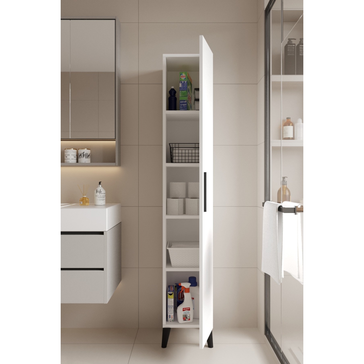 AYMOBSAN Mundo Tek Kapılı Banyo Dolabı Çok Amaçlı Dolap - Beyaz - Görsel 3
