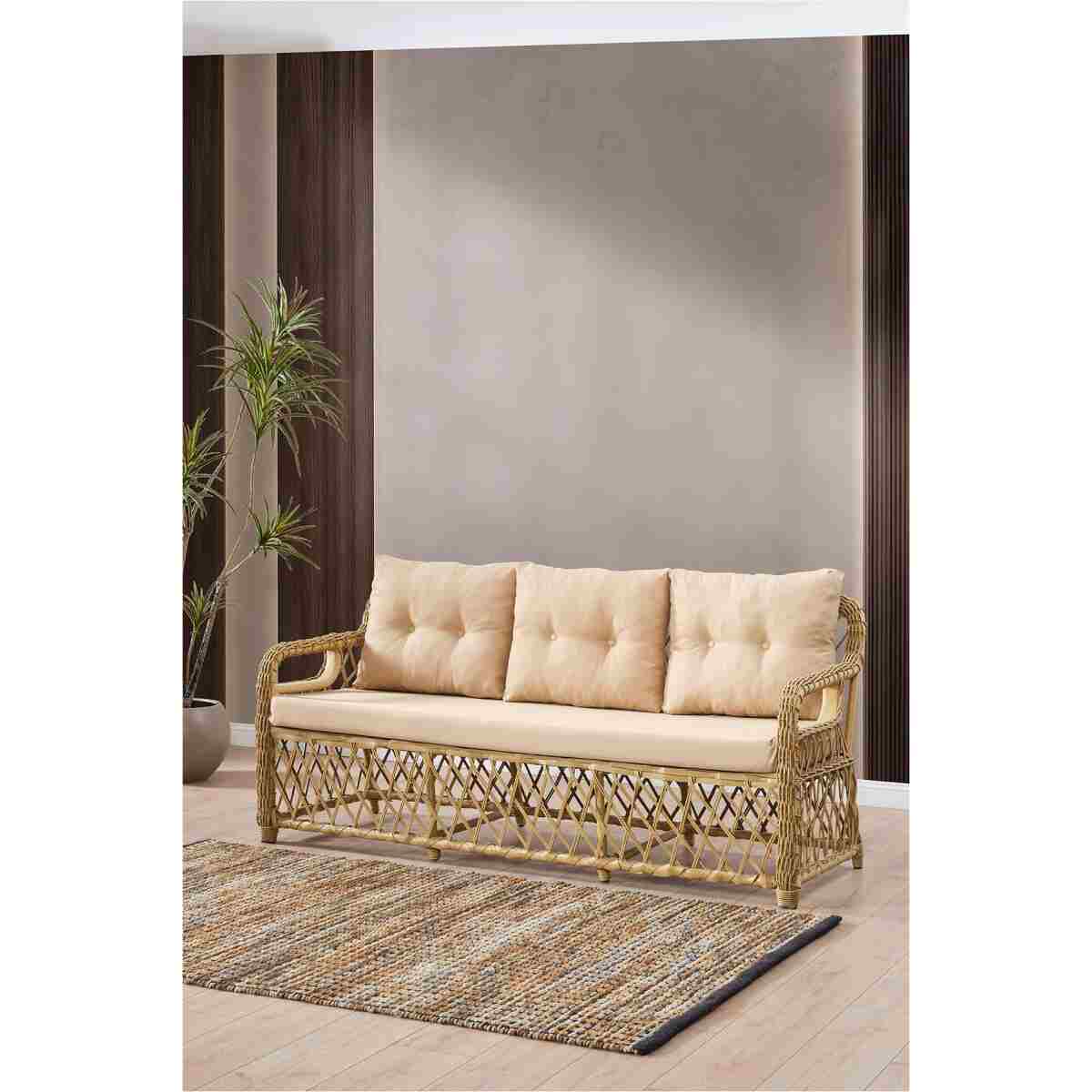 Evdemo Edra Rattan Puflu Bahçe Balkon Takımı 3+1+1+Camlı Masa Cappuccino - Görsel 2