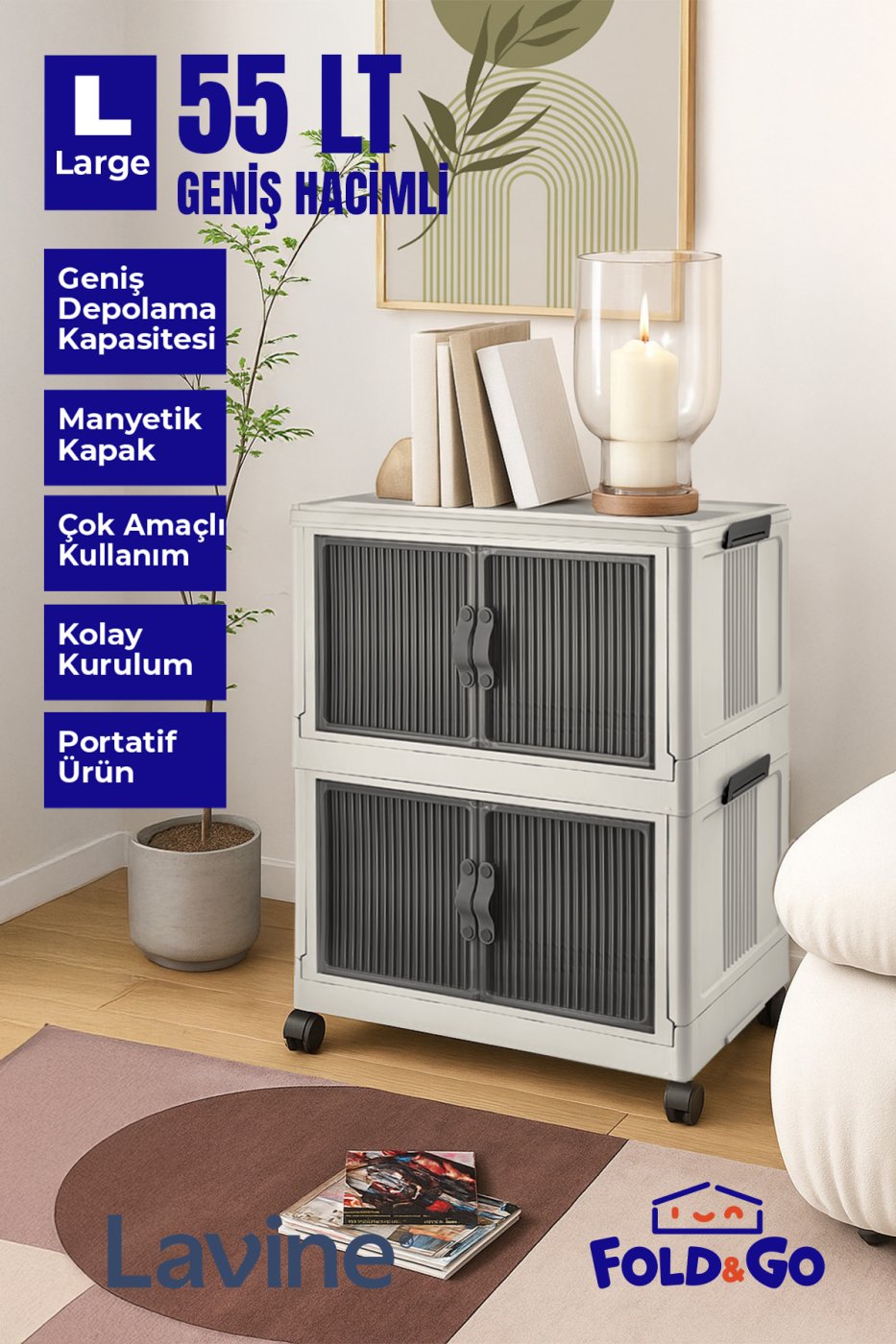 7d57dd1ebfb7f182c54c9a784cf407d0 obido Fold&Go 2'Li Portatif Organizer Tekerlekli Dolap ”Beyaz” Çok Amaçlı Mıknatıs Kapaklı Katlanır - Görsel 1