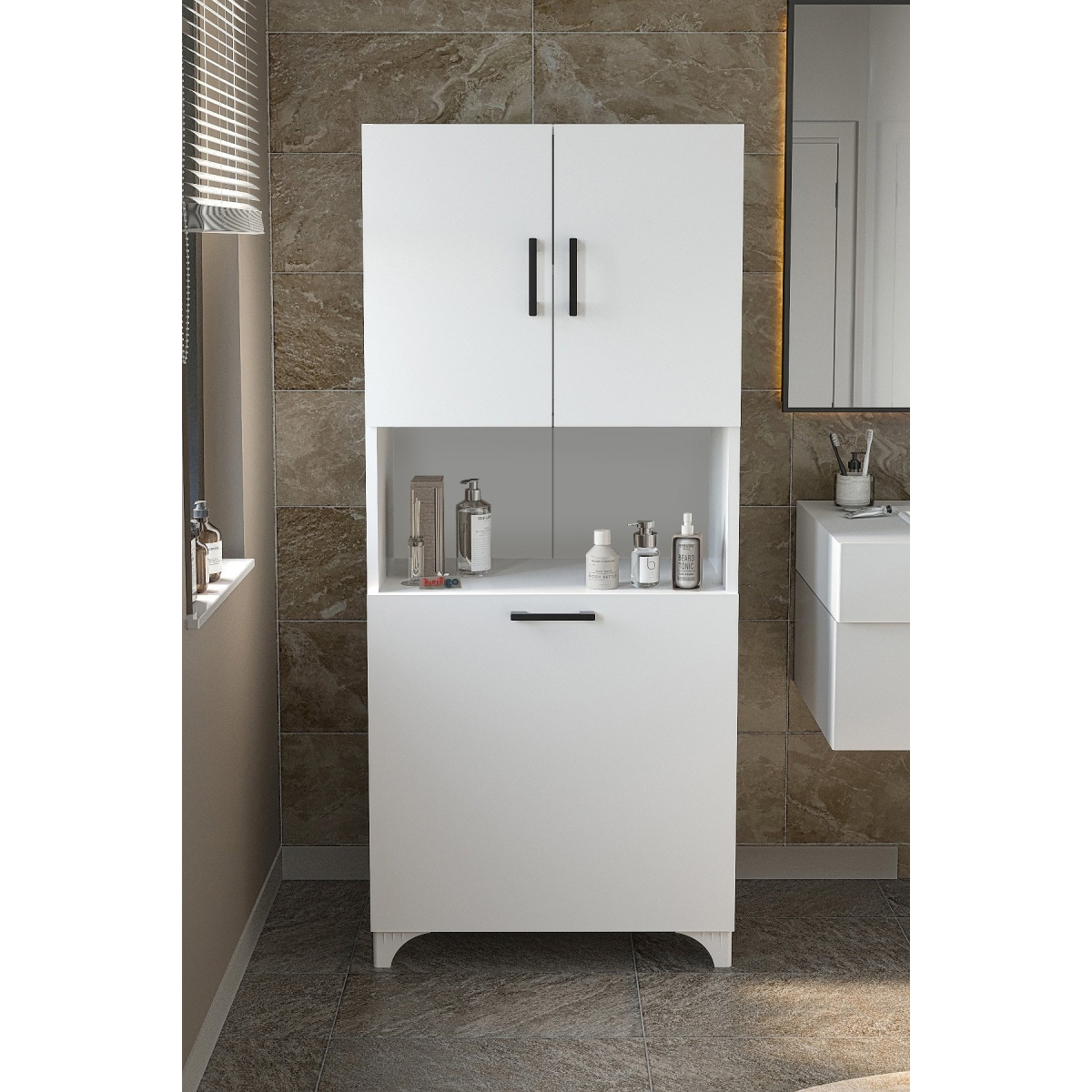 Bofigo Çok Amaçlı Dolap Banyo Dolabı Kirli Çamaşır Sepeti Dolabı Damla Beyaz - Görsel 3