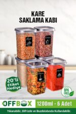OFFBOX 6 Adet 12 Parça 1,2 Litre Kare Erzak Saklama Kabı Seti 20 Etiket Hediyeli - Görsel 2