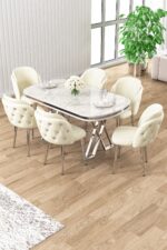 Canisa Zae Serisi 90x168 Lak Panel Beyaz Mermer Desen Krom Ayak Masa Takımı 6 Cappucino Sandalye - Görsel 6