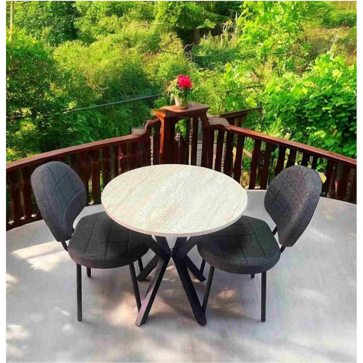 BAMBEDS MOBİLYA Bambeds Mobilya 70x70 Trevertan Yuvarlak Balkon Masa Ahtapot Ayak Armut Keten Sandalye 2 Adet - Görsel 4