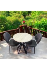 BAMBEDS MOBİLYA Bambeds Mobilya 70x70 Trevertan Yuvarlak Balkon Masa Ahtapot Ayak Armut Keten Sandalye 2 Adet - Görsel 4