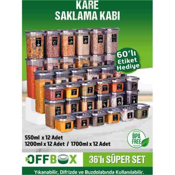 OFFBOX 36 Adet 72 Parça 0,55-1,2-1,7 Litre Kare Erzak Bakliyat Saklama Kabı Seti 40 Etiket Hediyeli
