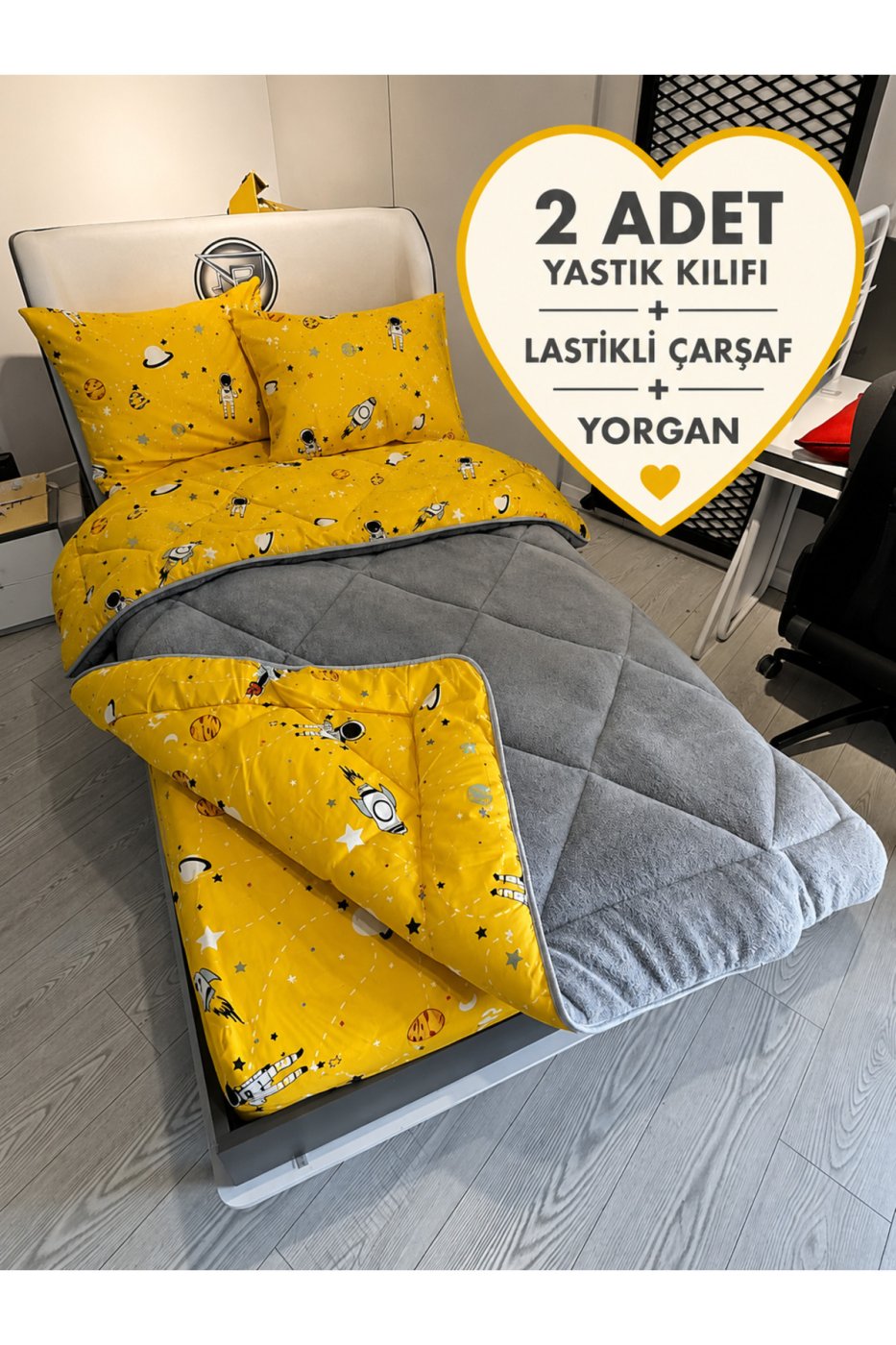7eea7c1779f32ff601a192480c521ac2 Violacasa Tek Kişilik Welsoft Pufidik Uyku Seti (Lastikli Çarşaflı) Uzay Sarı - Görsel 1