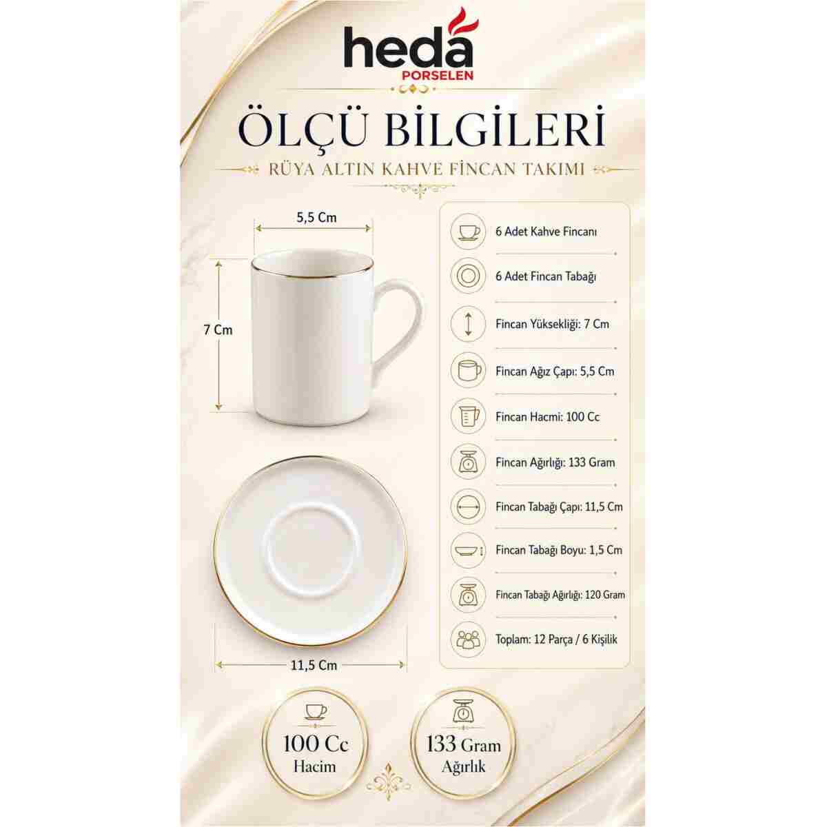 Heda Porselen Rüya Altın Yaldız 12 Parça 6 Kişilik Porselen Kahve Fincan Takımı Kırık Beyaz - Görsel 2