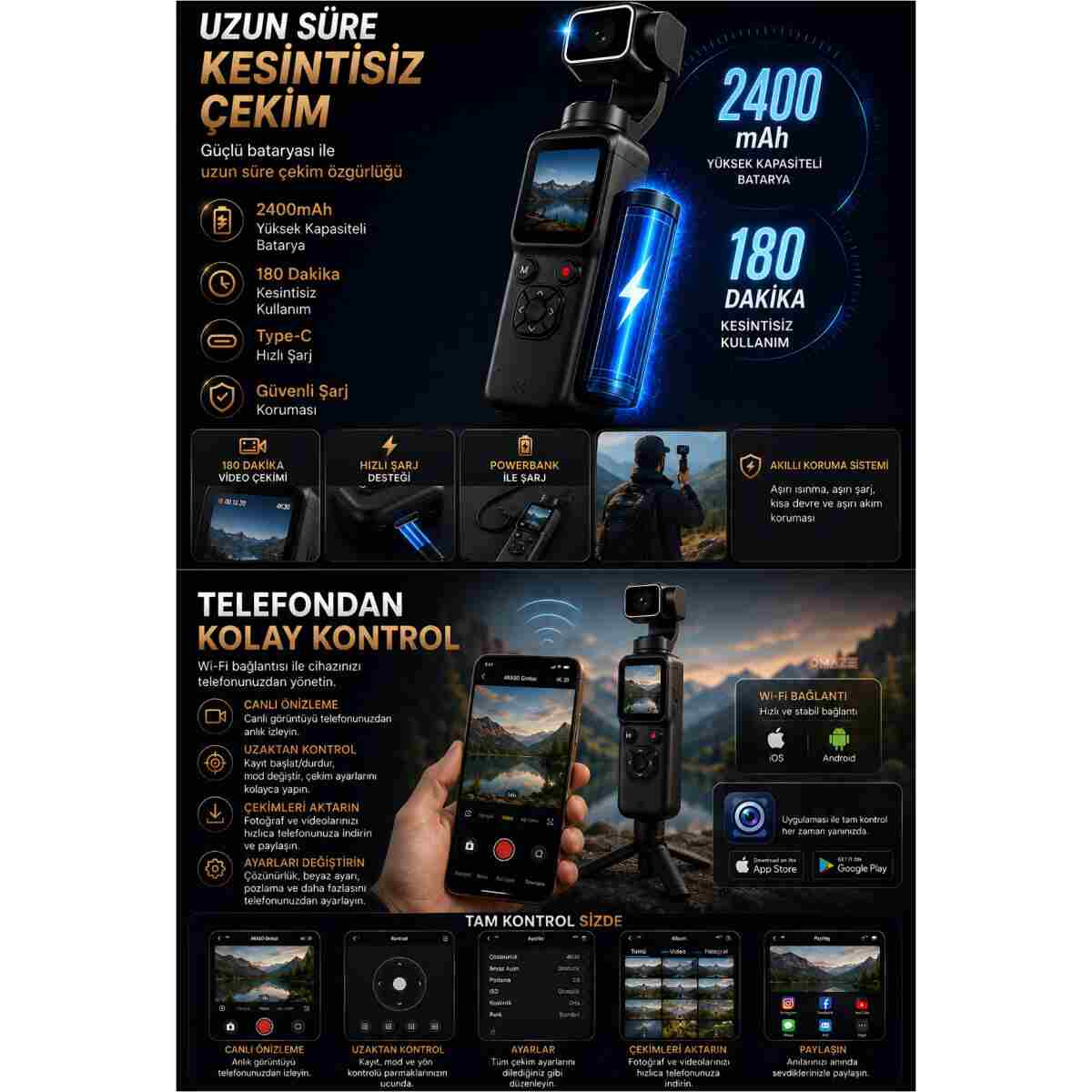 Omaze 4K Ultra Hd Profesyonel Aksiyon Kamerası Gimbal 360 Dönüş Dokunmatik Ekran Profesyonel Vlog Çekim - Görsel 4