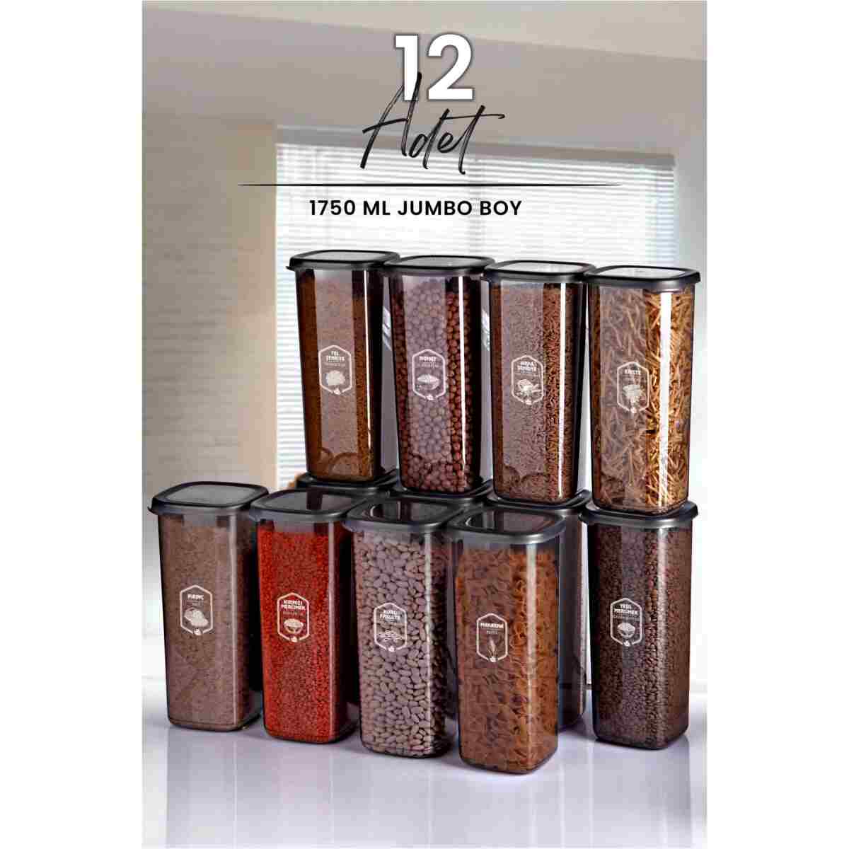 Kitchen Life 12'li Jumbo Boy Etiketli Square Kare Erzak Saklama Kabı Seti 1700 ml - Sert Kapak Büyük Kavanoz - Görsel 4