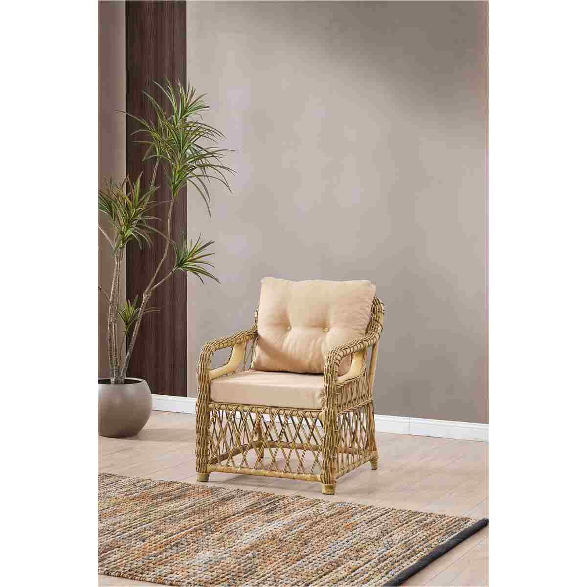 Evdemo Edra Rattan Puflu Bahçe Balkon Takımı 3+1+1+Camlı Masa Cappuccino - Görsel 3
