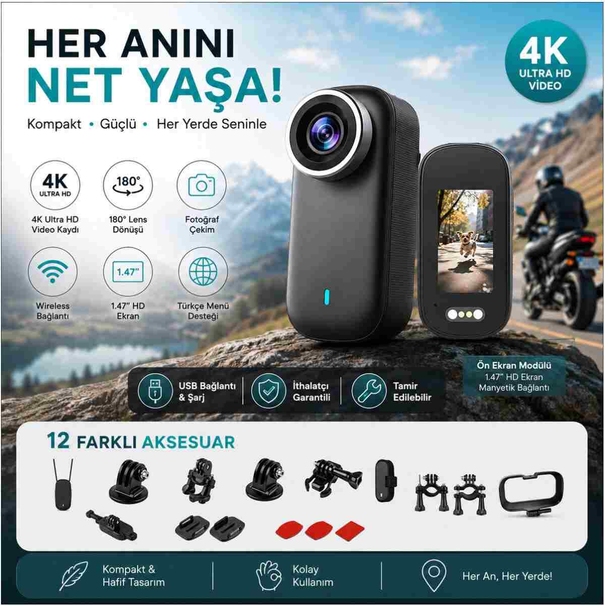 ROBEVE 4K Ultra HD Mini Aksiyon Kamerası – 1.47” HD Ekranlı Taşınabilir Wireless Vlog Kamera, 180° Döner Lens, Kablosuz Bağlantı, Fotoğraf & Video Çekimi, 12 Parça Aksesuar Setli Kompakt Cep Kamerası - Görsel 2