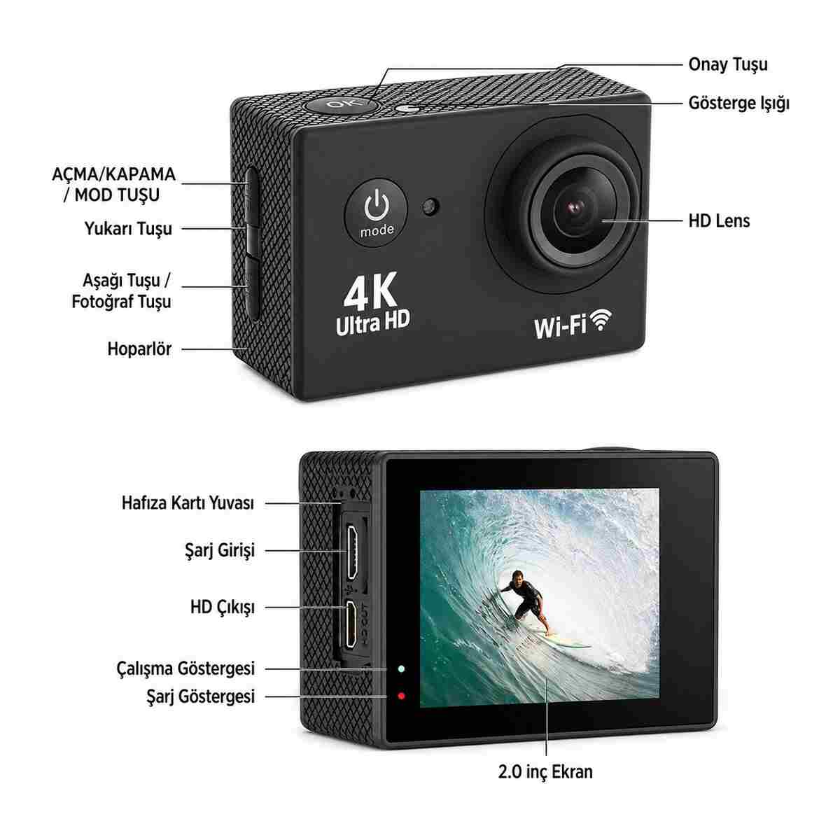 Teknomila 4k Ultra Hd 170 Derece Wifi Li Aksiyon Kamera Full Aparat - Görsel 8
