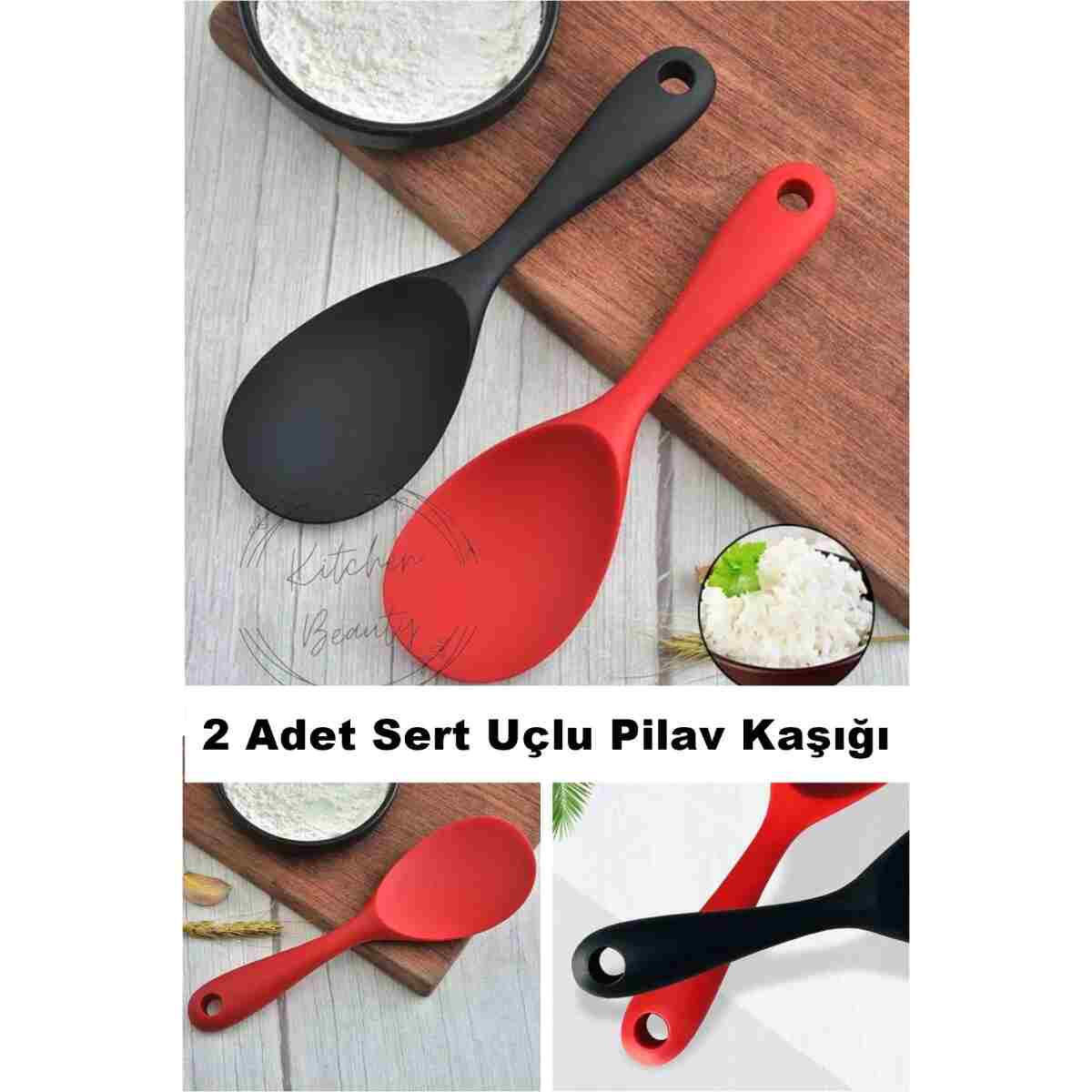 Kitchen Beauty 2 Adet Ultra Sert Uçlu Silikon Servis Pilav Tatlı Kaşığı Kaşık Seti Asılabilir Kaşık Yanmaz Yapışmaz - Görsel 4