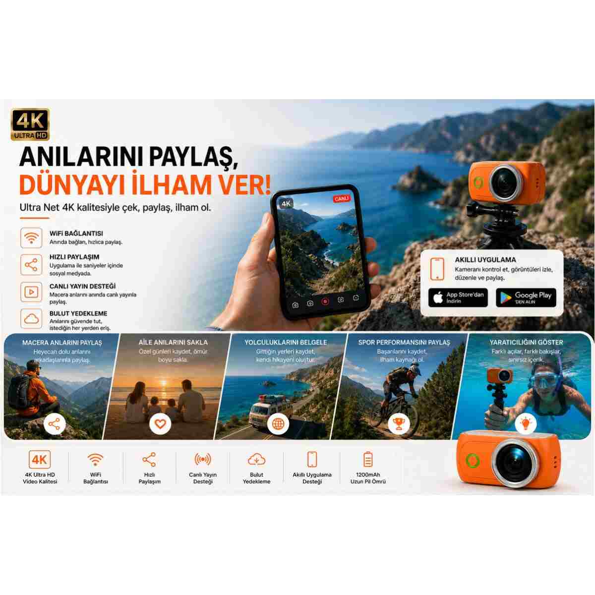 TARÇIN Viora 4K Aksiyon Kamerası Mini 180° Döner Ekran WiFi App Geniş Açı Taşınabilir Vlog Kamera - Görsel 8