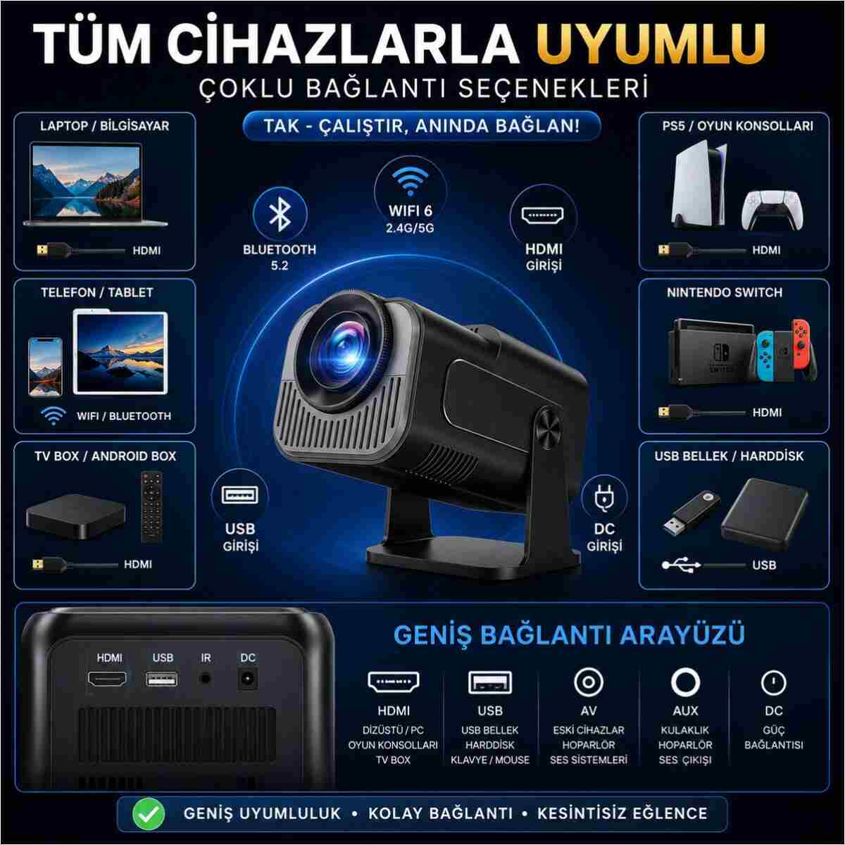 TARÇIN Taşınabilir 4K Destekli Full HD Projektör Oda Nemlendiricisi Hediyeli - 270° Döner Gövde - Görsel 6