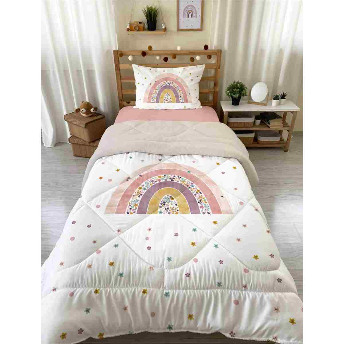 Evmila Gökkuşağı ve Kır Çiçeği Desenli Tek Kişilik 160x220 Cm Welsoft Çift Taraflı Yorgan Ve Uyku Seti - Görsel 2