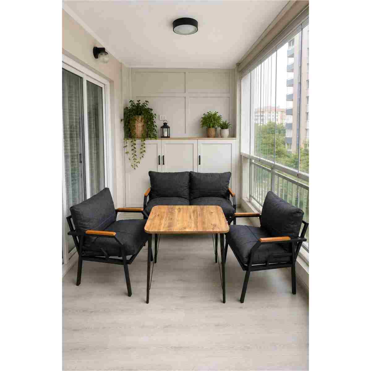 Dekoport Kutay Balkon Takımı, Bahçe Takımı, Çay Seti Koltuk Takımı, Metal Kanepe 2-1-1 50x80 Masalı Krem - Görsel 4