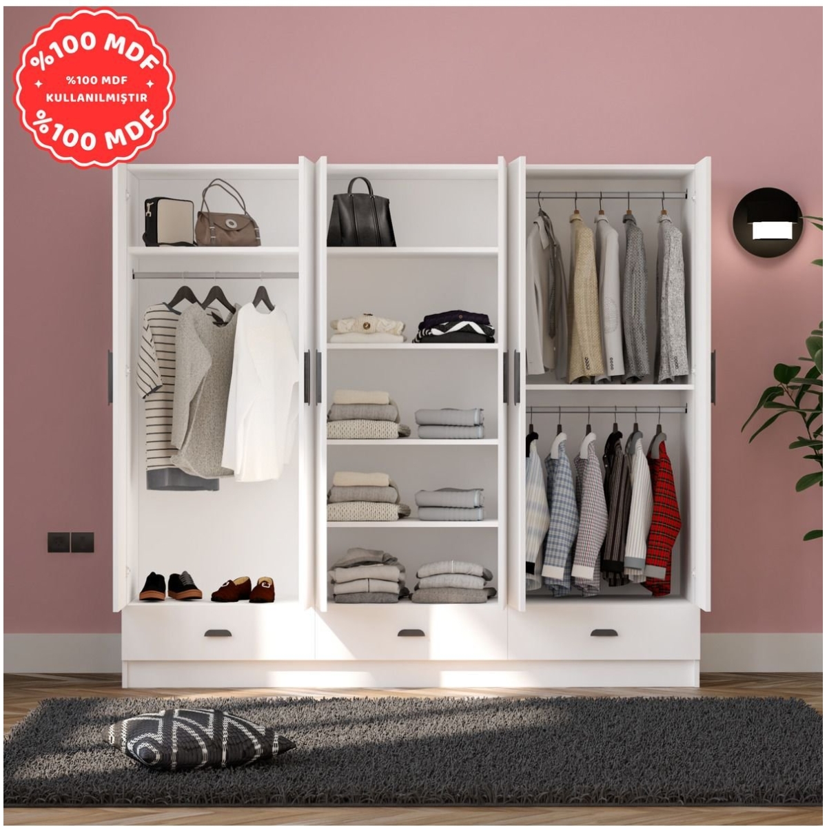 İMBAŞ İnci 6 Kapak 3 Çekmeceli Gardırop %100 MDF - Görsel 4