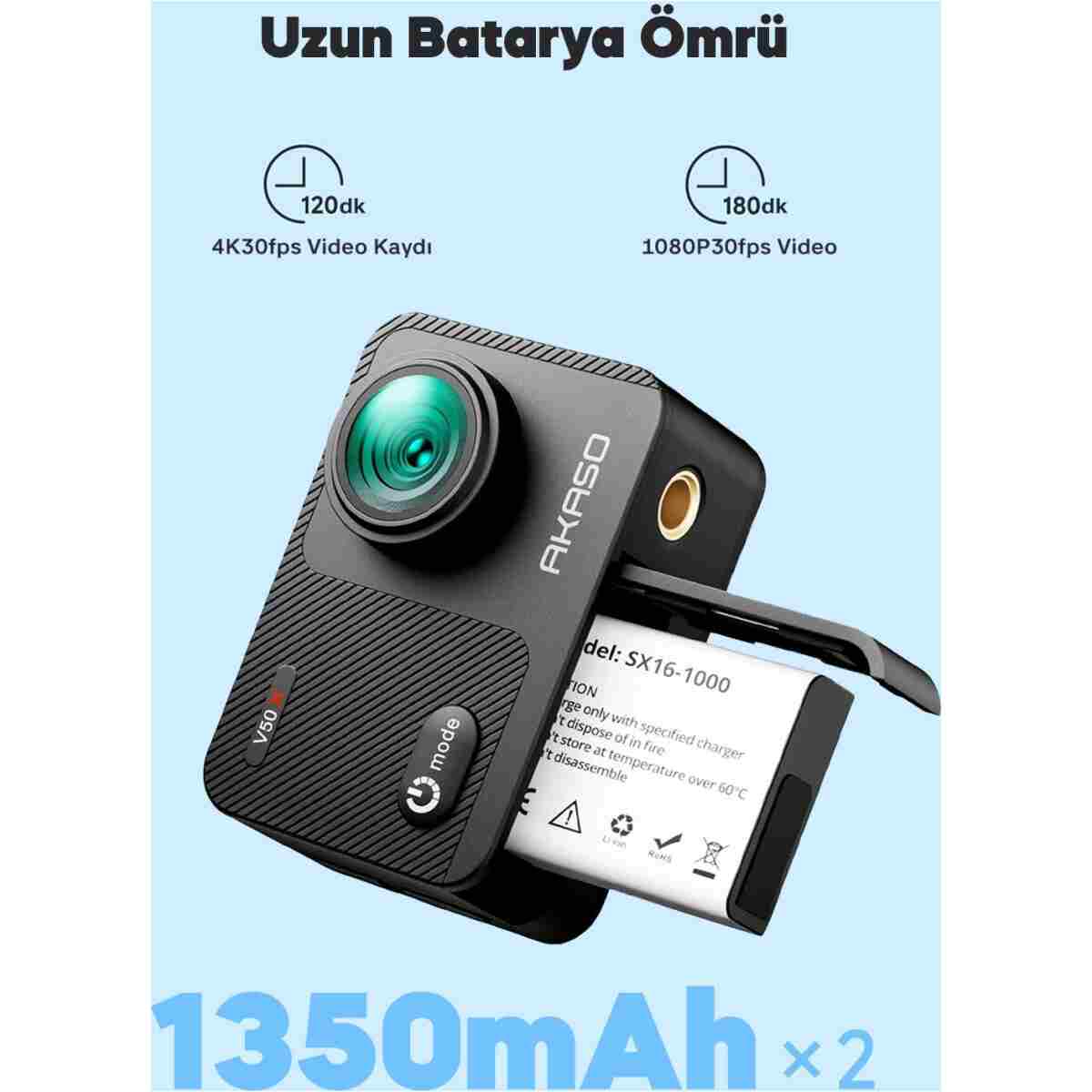 AKASO V50X 4K/30FPS 20MP Wi-Fi Aksiyon Kamera ve Aksesuar Seti, Su Geçirmez Kılıf, App Kontrollü - Görsel 5