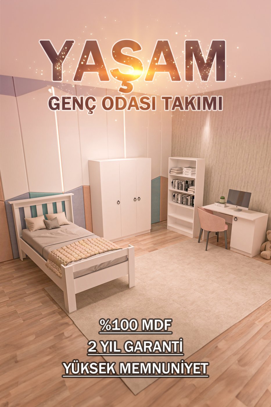 84e2d2a6d12219229897f8a96f1e85ab Ninnimo 4 Parçalı Beyaz Mdf Yaşam Genç Odası Takımı (karyola 90x190, Gardırop, Kitaplık Ve Çalışma Masası) - Görsel 1