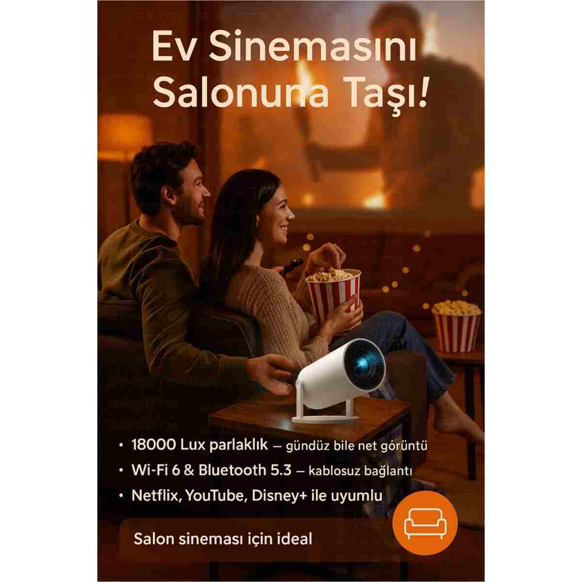 Zineets Taşınabilir Android Projeksiyon + Ses Sistemi Wifi Destekli Akıllı Sinema Projektör Ultra Hd - Görsel 15
