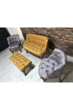 ElizzanMobilya Sarı ve Gri Çay Seti Berjer Koltuk Takımı 2+1+1 Koltuk Bench Bank - Görsel 3
