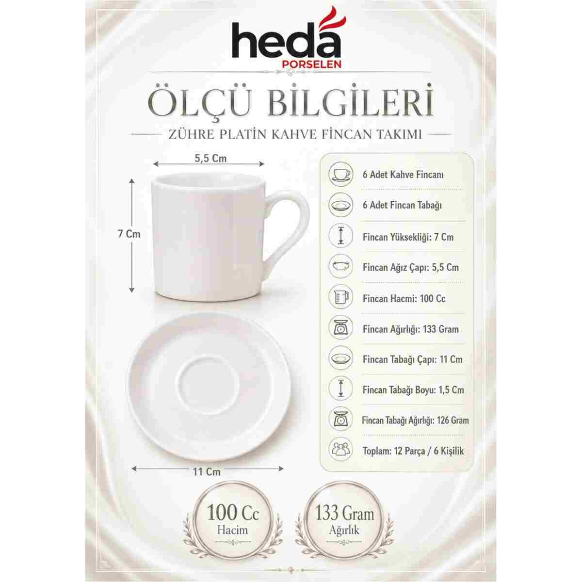 Heda Porselen Zühre 12 Parça 6 Kişilik Porselen Kahve Fincan Takımı Kırık Beyaz - Görsel 6