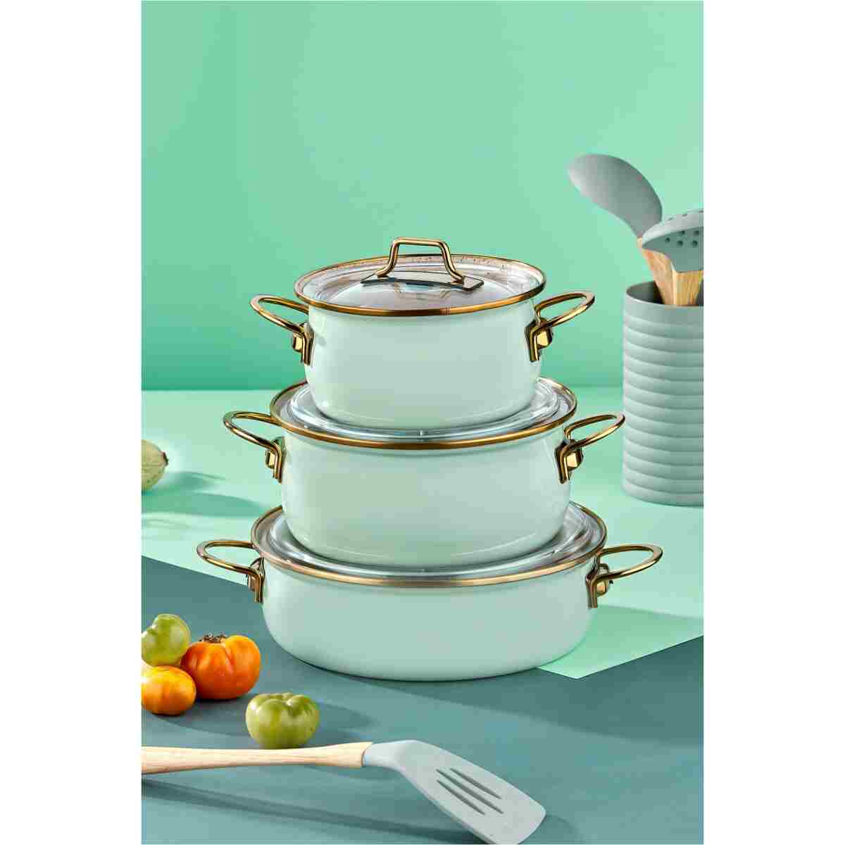 Bonera Emaye Vintage Güveç 6 Parça Tencere Seti 16-20-22 cm - Gri - Granit İç Kaplama - Görsel 8