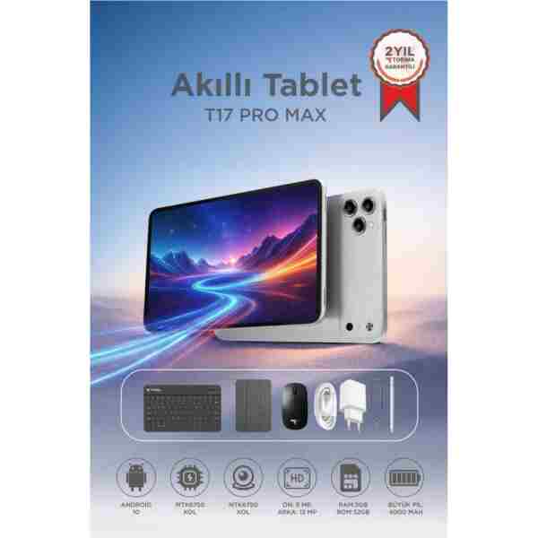 Torima Android Tablet Kalem Klavye Mouse Full Set SIM Kartlı BTK Kayıtlı 10.1 İnç T17 Pro Max Gümüş