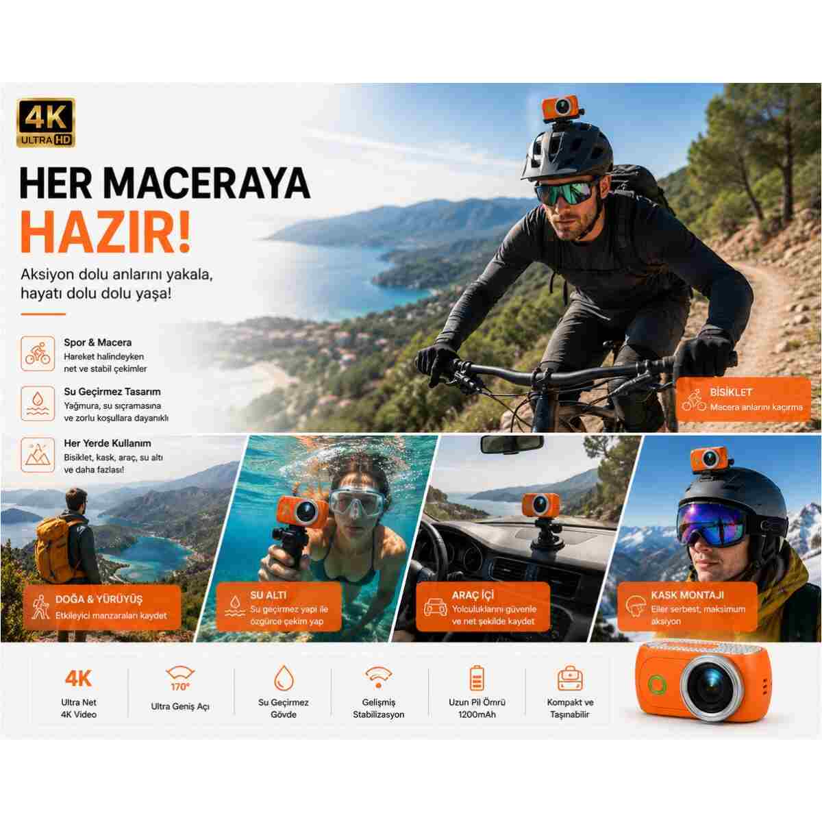 TARÇIN Viora 4K Aksiyon Kamerası Mini 180° Döner Ekran WiFi App Geniş Açı Taşınabilir Vlog Kamera - Görsel 5