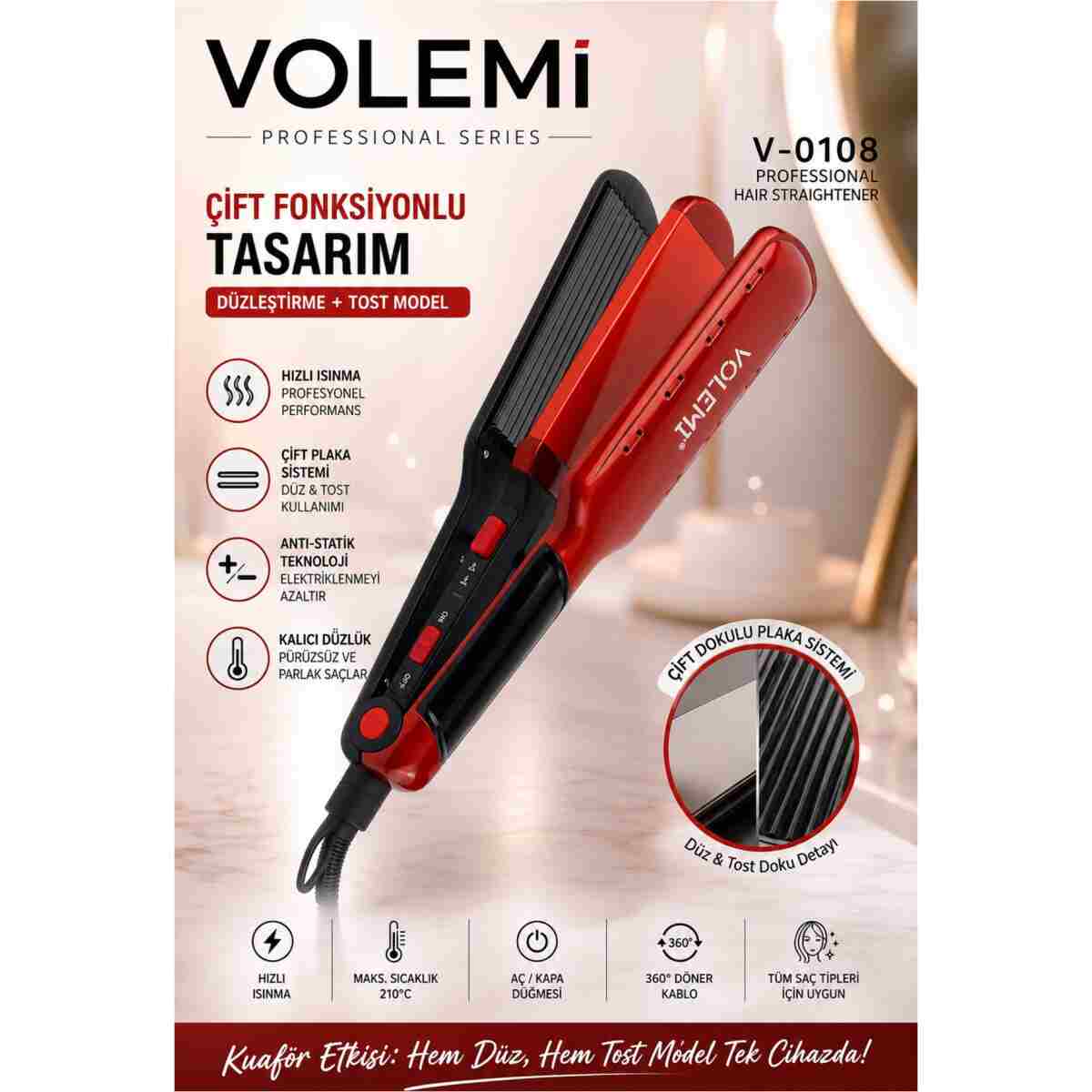 VOLEMİ V-074 Profesyonel Saç Düzleştirici 14 Kademeli Isı Ayarı Dijital LED Ekran Seramik Plaka 100-230°C - Görsel 16
