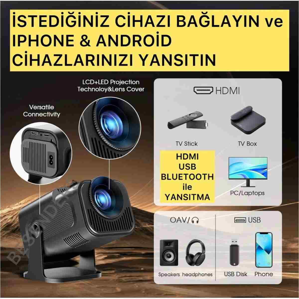 Besenders HY320 MİNİ PROMAX YeniVersiyon Taşınabilir Projeksiyon Android Wifi BT AkıllıSinemaProjektör - Görsel 5