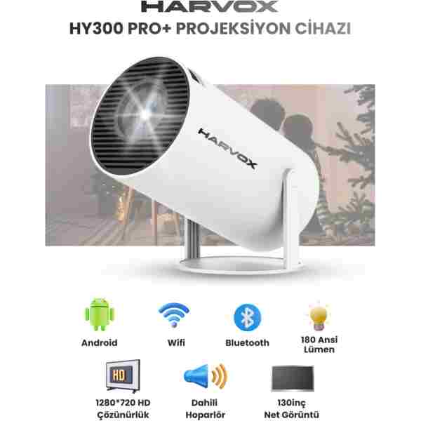 HARVOX HY300 Pro+ Projeksiyon Cihazı Taşınabilir Android Sistemli Wifi HDMI USB Destekli Projektör