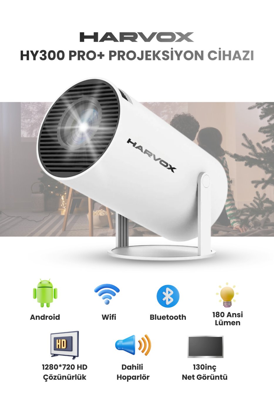 HARVOX HY300 Pro+ Projeksiyon Cihazı Taşınabilir Android Sistemli Wifi HDMI USB Destekli Projektör