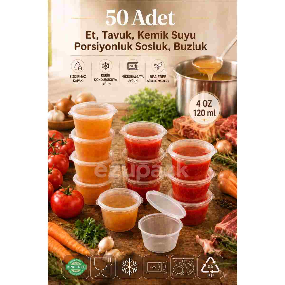 Ezupack 50 Adet Sızdırmaz 120 ml Mini Saklama Kabı Sosluk Buzluk Kabı, Et Suyu, Kemik Suyu, Sos Kabı Mutfak - Görsel 8