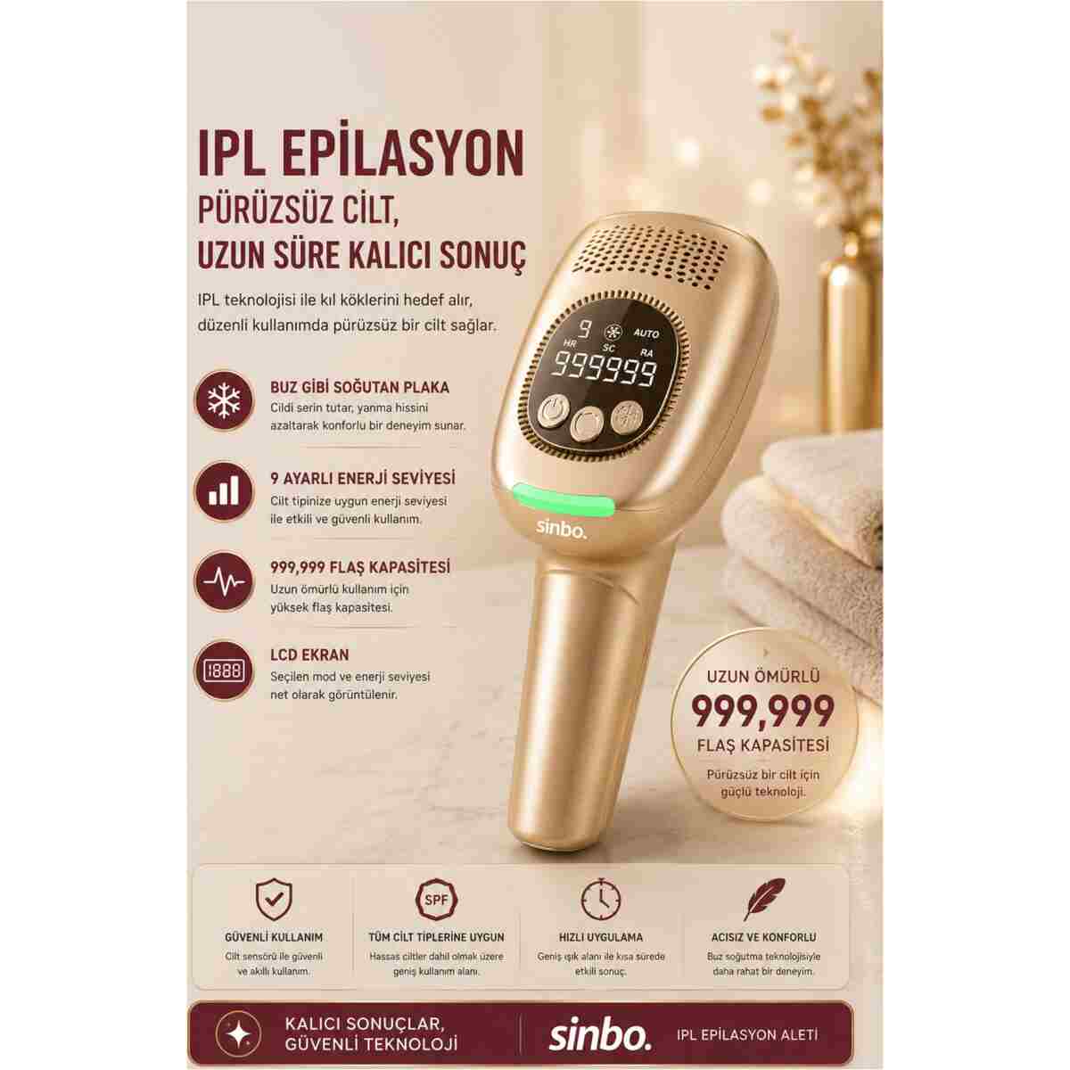 Sinbo SEL-6044 IPL Buz Lazer Epilasyon 999.999 Atım Otomatik/Manuel Dijital Ekran - Görsel 4