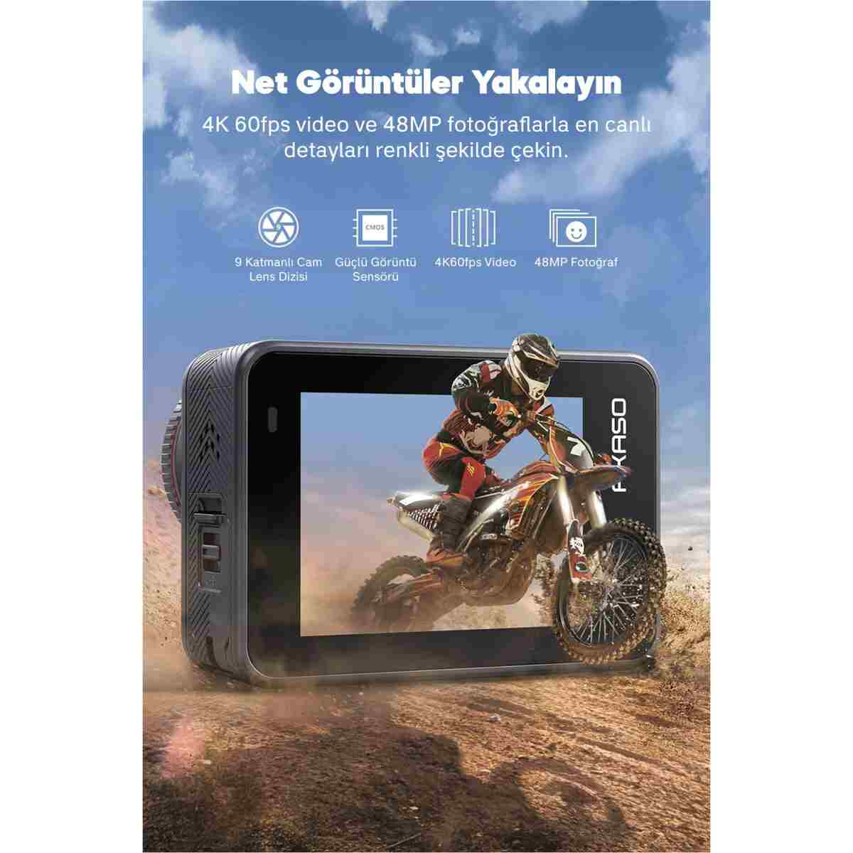 AKASO Brave 8 4k/60fps 48mp Wi-fi Dual Screen Aksiyon Kamera Ve Aksesuar Seti, App Kontrollü, Ipx8 - Görsel 9