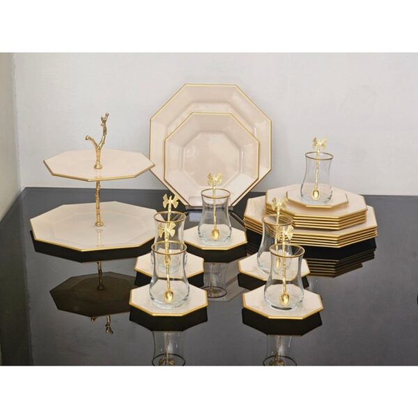 atabey home collection Krem Gold Cam 6 Kişilik 31 Parça Pasta Çay Servis Ikram Takımı
