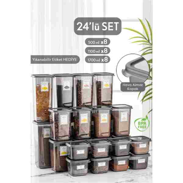 Meleni Home 24'lü Mega Set Pino Kare Erzak Saklama Kabı Seti Antrasit 8x(0,50 LT-1,10 LT -1,70 LT) Etiketli