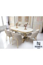 NUNKA HOME Arya Gold Line Krem Serisi +6 Sandalyeli Mdf Lak Panel Beyaz Masa Takımı - Görsel 2