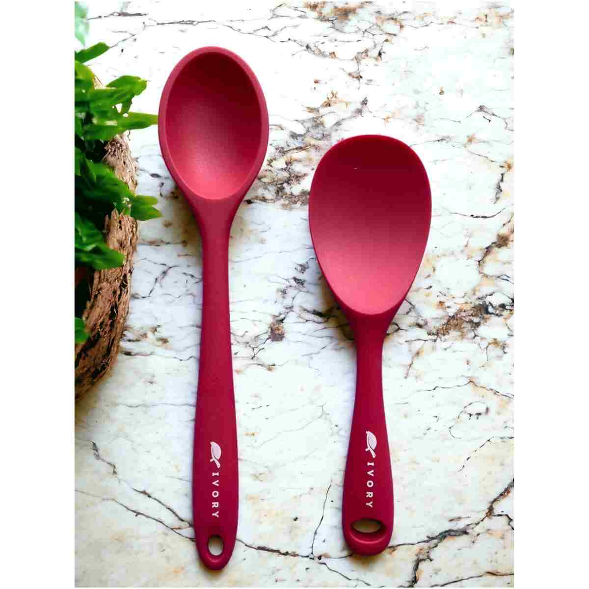Multiamo İvory Sert Uçlu Isıya Dayanıklı Yanmaz Yapışmaz Silikon Uzun Kaşık 28 Cm + Kısa Kaşık 22 Cm / 2 Adet - Görsel 7