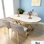 NUNKA HOME Arya Gold Line Serisi Krem +4 Sandalyeli Mdf Lak Panel Beyaz Masa Takımı
