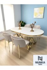 NUNKA HOME Arya Gold Line Serisi Krem +4 Sandalyeli Mdf Lak Panel Beyaz Masa Takımı